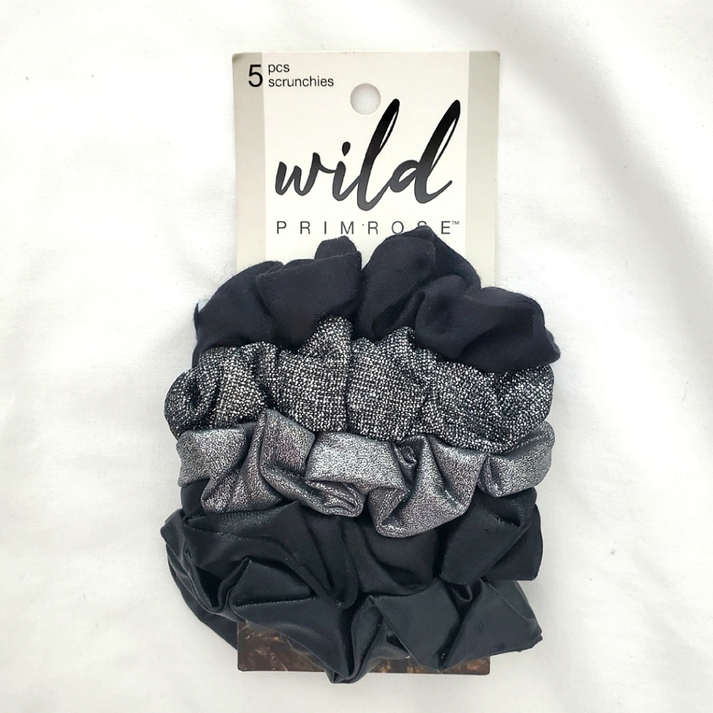 NEW Wild Primrose 5 Piece Scrunchie Set Black‎ Silver Grey